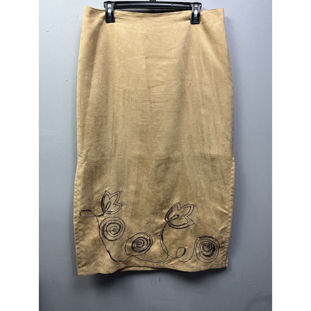 Richard Malcolm Skirt Womens‎ Size 14 Petite Tan Faux Suede Embroidered Straight